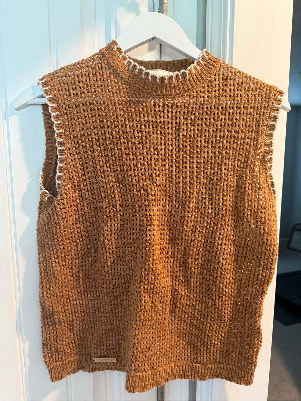 Simply Southern Camel Sleeveless Waffle-Knit Sweater Vest with White Trim